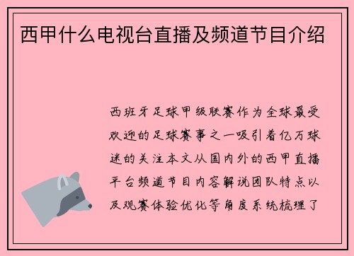 西甲什么电视台直播及频道节目介绍