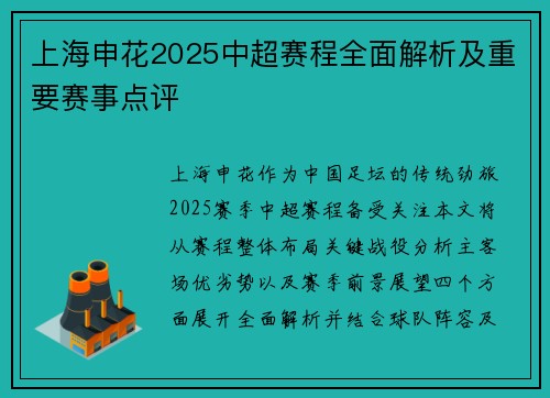 上海申花2025中超赛程全面解析及重要赛事点评