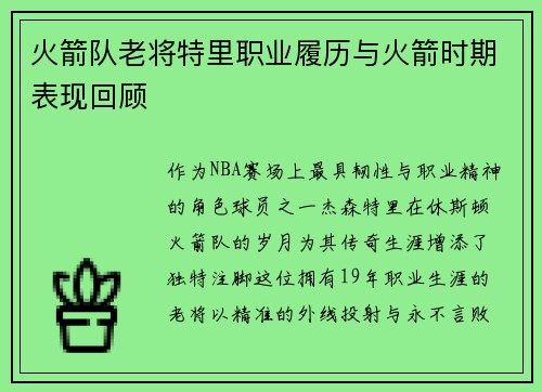 火箭队老将特里职业履历与火箭时期表现回顾